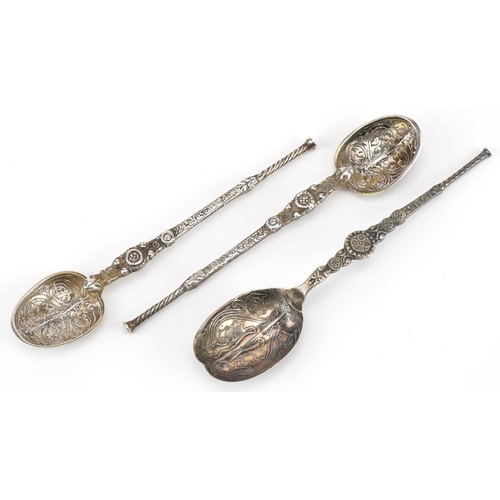 633 - Three Edwardian and later silver anointing spoons including Coronation 1937 example with fitted case... 