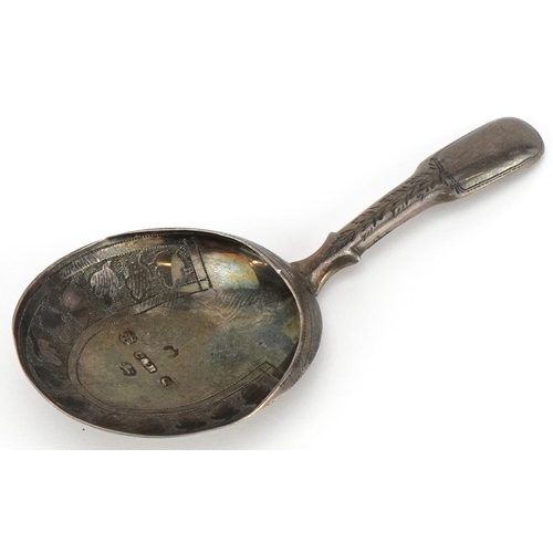 635 - Cocks & Bettridge, George III silver caddy spoon with engraved bowl, Birmingham 1816, 8.5cm in lengt... 