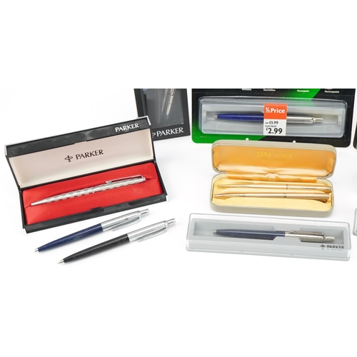 734 - Various Parker ballpoint pens and Yard-O-Led rolled gold ballpoint pen and propelling pencil housed ... 