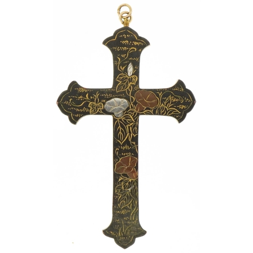 199 - Japanese Shakudo mixed metal cross pendant engraved with stylised gourds and flowers, 8cm high