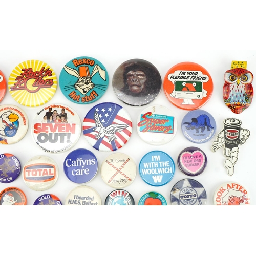 1637 - Collection of vintage and later pin badges including I'm Your Flexible Friend, I Boarded HMS Belfast... 