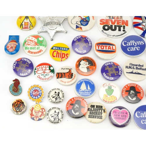 1637 - Collection of vintage and later pin badges including I'm Your Flexible Friend, I Boarded HMS Belfast... 