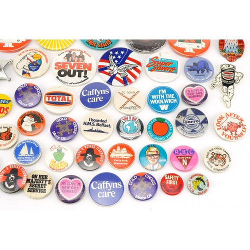 1637 - Collection of vintage and later pin badges including I'm Your Flexible Friend, I Boarded HMS Belfast... 