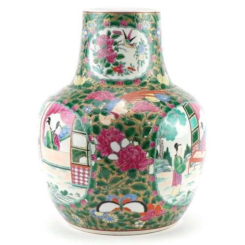 595 - Chinese Canton porcelain vase hand painted in the famille rose palette with panels of figures and fl... 