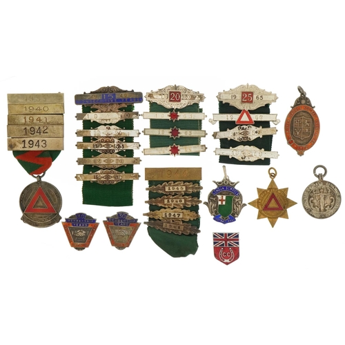 1633 - Driving and sports jewels, some silver, including Safe Driving awards with bars and ribbons, two sil... 