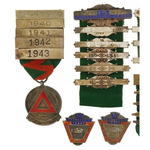 1633 - Driving and sports jewels, some silver, including Safe Driving awards with bars and ribbons, two sil... 