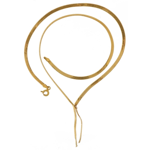 3586 - 9ct gold snake link with tassel necklace, 40cm in length, 3.4g