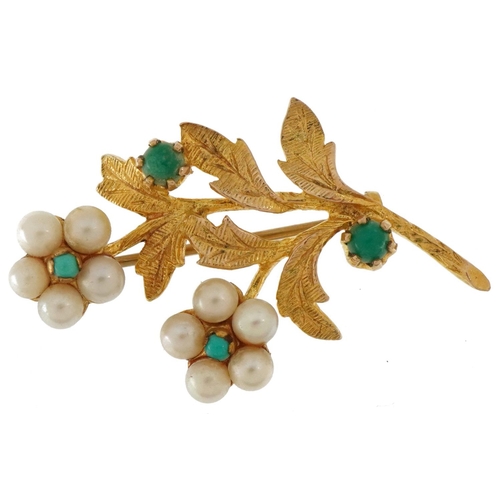 3091 - 9ct gold turquoise and cultured pearl floral brooch, 3.5cm high, 5.1g