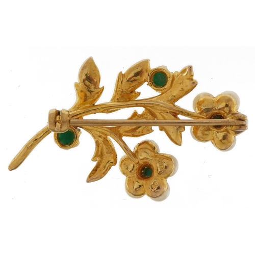 3091 - 9ct gold turquoise and cultured pearl floral brooch, 3.5cm high, 5.1g