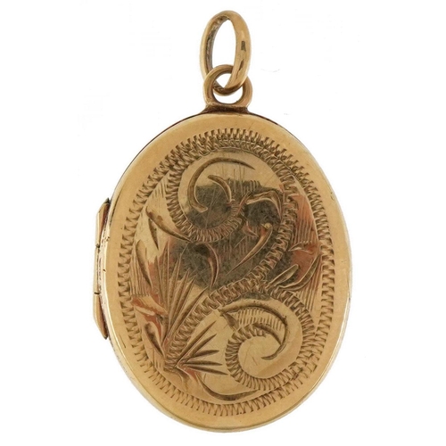 3351 - 9ct gold engraved locket, 2.5cm high, 4.2g