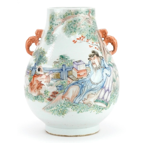 391 - Chinese porcelain Hu arrow vase with twin handles hand painted in the famille rose palette with an e... 