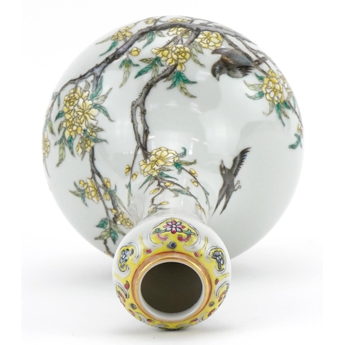 647 - Chinese porcelain garlic head vase hand painted in the famille rose palette with two birds amongst b... 