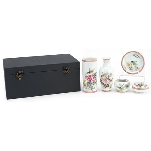 727 - Chinese porcelain five piece scholar's set, each hand painted in the famille rose palette with a cri... 