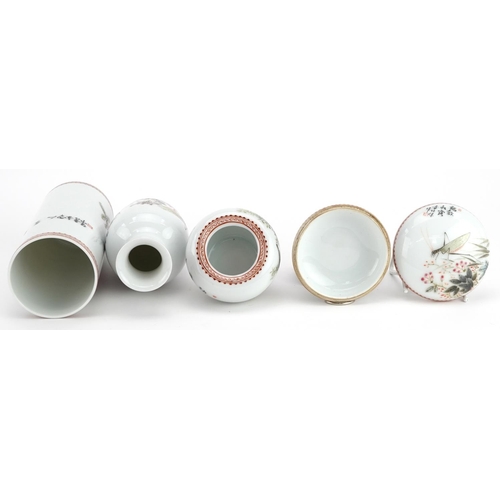 727 - Chinese porcelain five piece scholar's set, each hand painted in the famille rose palette with a cri... 