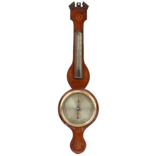 2518 - Antique mahogany banjo wall barometer with thermometer inlaid with shells and flower heads having ci... 