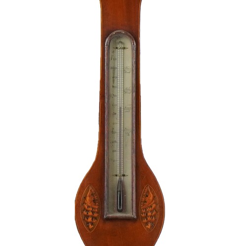 2518 - Antique mahogany banjo wall barometer with thermometer inlaid with shells and flower heads having ci... 