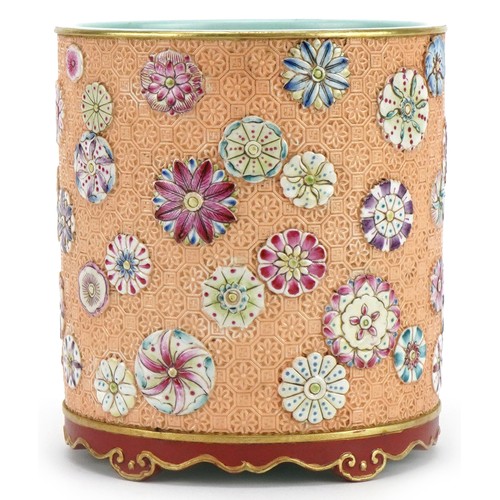 524 - Chinese porcelain cylindrical brush pot hand painted in the famille rose palette and decorated in lo... 