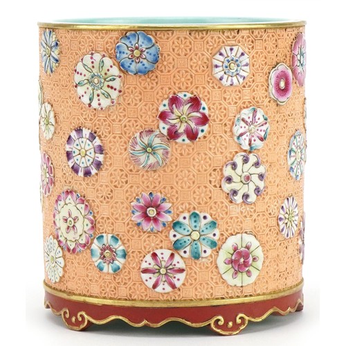 524 - Chinese porcelain cylindrical brush pot hand painted in the famille rose palette and decorated in lo... 