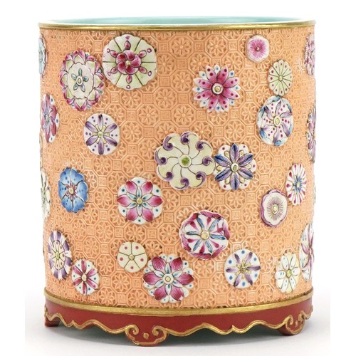 524 - Chinese porcelain cylindrical brush pot hand painted in the famille rose palette and decorated in lo... 