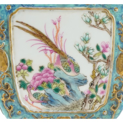 135 - Chinese porcelain blue ground vase with iron red animalia handles finely hand painted in the famille... 