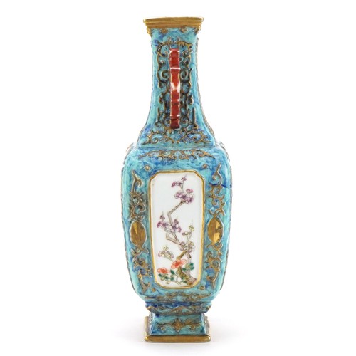 135 - Chinese porcelain blue ground vase with iron red animalia handles finely hand painted in the famille... 