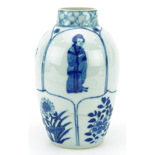 669 - Chinese blue and white porcelain vase hand painted with panels of young females and flowers, Kangxi ... 