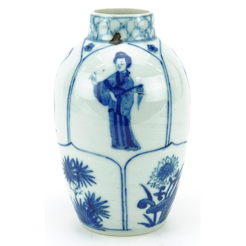 669 - Chinese blue and white porcelain vase hand painted with panels of young females and flowers, Kangxi ... 