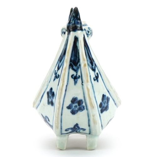 2631 - Chinese Islamic blue and white porcelain four footed candle holder hand painted with flowers, 20cm i... 