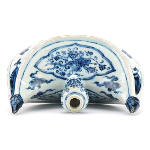 2631 - Chinese Islamic blue and white porcelain four footed candle holder hand painted with flowers, 20cm i... 