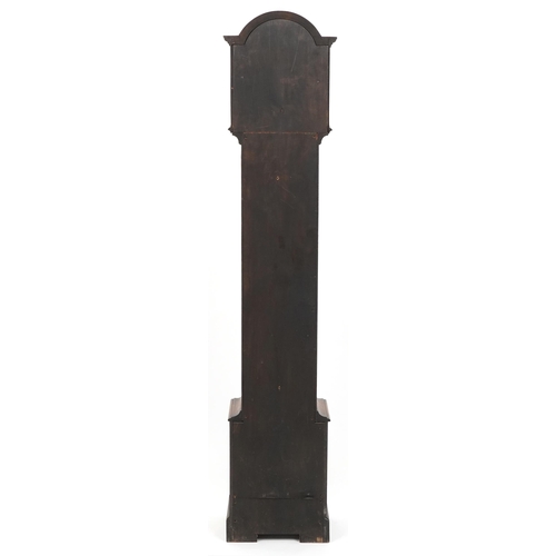 2148 - Oak cased grandmother clock with blind fret panels and silvered chapter rings having Roman and Arabi... 