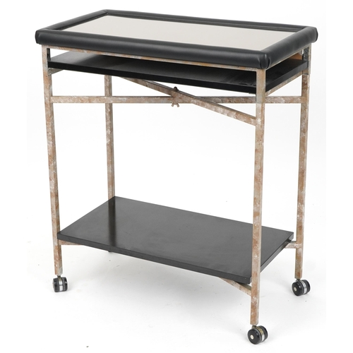 2151 - Industrial steel leatherette trolley with inset mirrored glass top, 86cm H x 73cm W x 40cm D