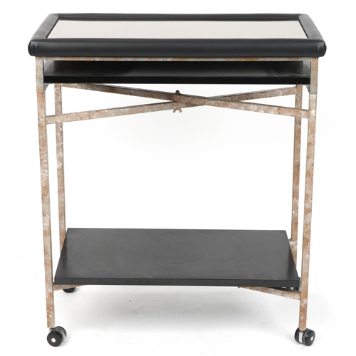 2151 - Industrial steel leatherette trolley with inset mirrored glass top, 86cm H x 73cm W x 40cm D