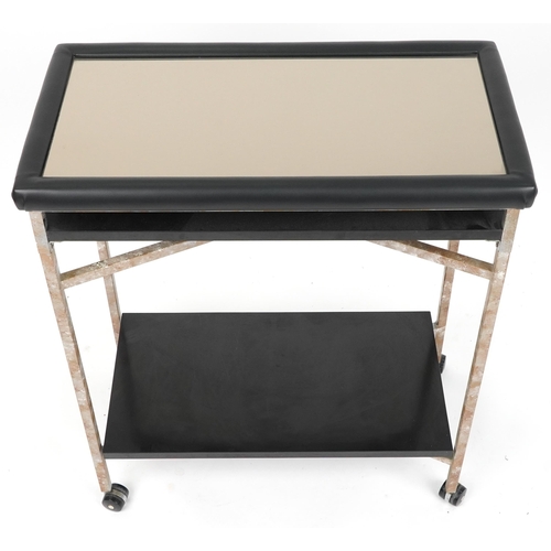 2151 - Industrial steel leatherette trolley with inset mirrored glass top, 86cm H x 73cm W x 40cm D