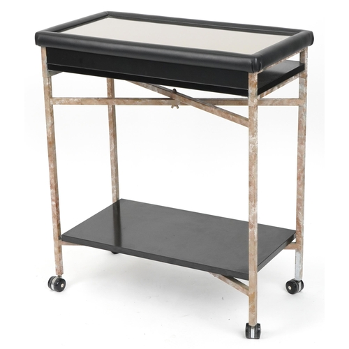 2151 - Industrial steel leatherette trolley with inset mirrored glass top, 86cm H x 73cm W x 40cm D