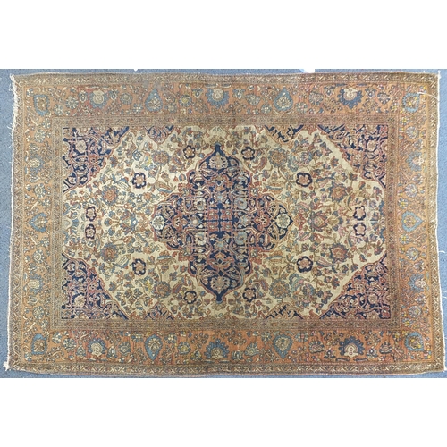 2197 - Rectangular beige and blue ground rug having an all over floral design, 205cm x 143cm