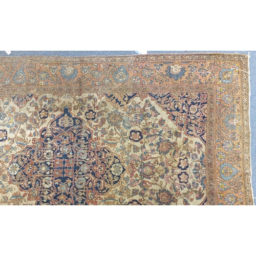 2197 - Rectangular beige and blue ground rug having an all over floral design, 205cm x 143cm