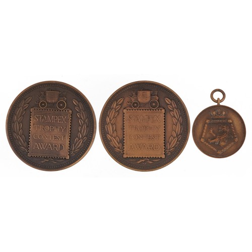 1601 - Two Stampex Trophy Contest bronze award medallions and a runner's up medal