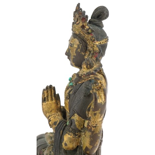 70 - 18th Century Chino Tibetan gilt bronze buddha of Sadaksari inset with turquoise cabochons, 16cm high... 