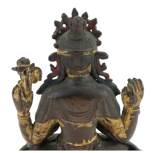 70 - 18th Century Chino Tibetan gilt bronze buddha of Sadaksari inset with turquoise cabochons, 16cm high... 