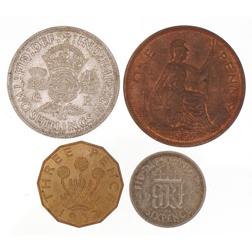 1576 - Four George VI 1937 coins comprising one penny, two shillings, threepence and sixpence