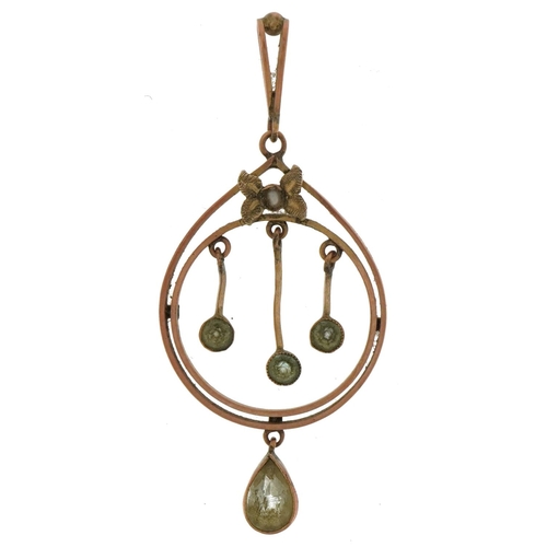 3469 - Edwardian unmarked gold blue stone and seed pearl openwork pendant, 5cm high, 2.5g