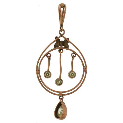 3469 - Edwardian unmarked gold blue stone and seed pearl openwork pendant, 5cm high, 2.5g