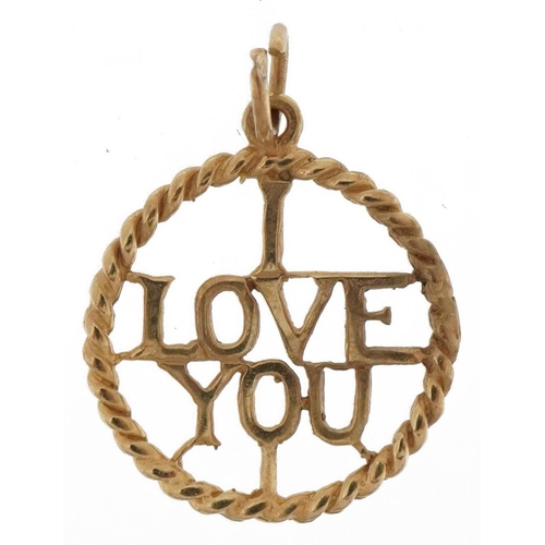 3524 - 9ct gold I love you pendant, 1.5cm in diameter, 1.0g