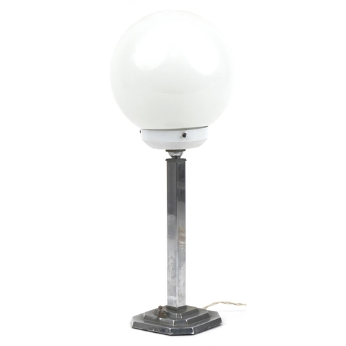 338 - Art Deco chrome plated table lamp with globular white opaque glass shade, impressed registration num... 