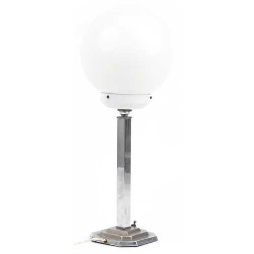 338 - Art Deco chrome plated table lamp with globular white opaque glass shade, impressed registration num... 