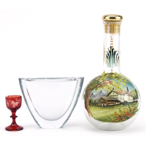 2377 - Antique and later glassware including a decanter hand painted with a continental building, Scandinav... 