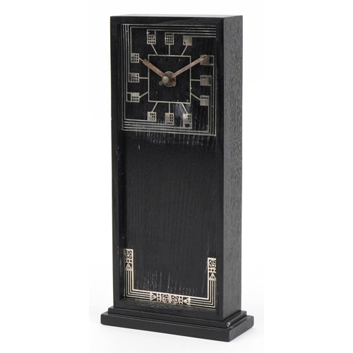 2376 - Art Nouveau style ebonised mantle clock in the manner of Charles Rennie Mackintosh with applied whit... 