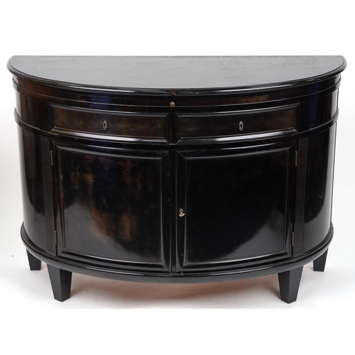 2127 - 19th century European ebonised demi lune side cabinet with brushing slide above two drawers on cupbo... 