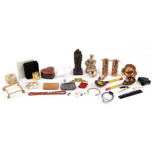 2363 - Antique and later sundry items including a carved wood figure of a saint and a pair Russian lacquere... 