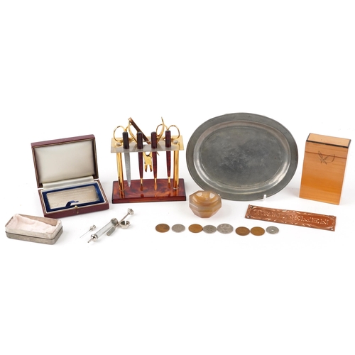 2364 - Antique and later sundry items including agate dish, faux tortoiseshell vanity set on stand, silver ... 